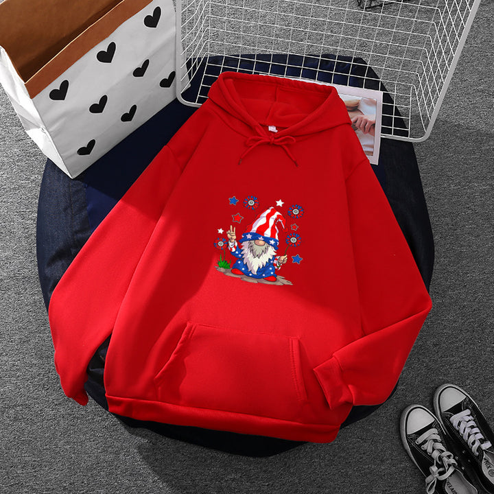 Women's hoodie with patriotic garden gnome print, brushed fleece lining, oversized cut, and kangaroo pocket Mune Fashion