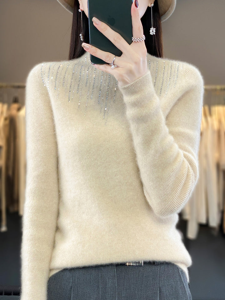 Women's Cashmere-Look Mockneck Sweater with Sparkling Rhinestone Cascade Mune Fashion