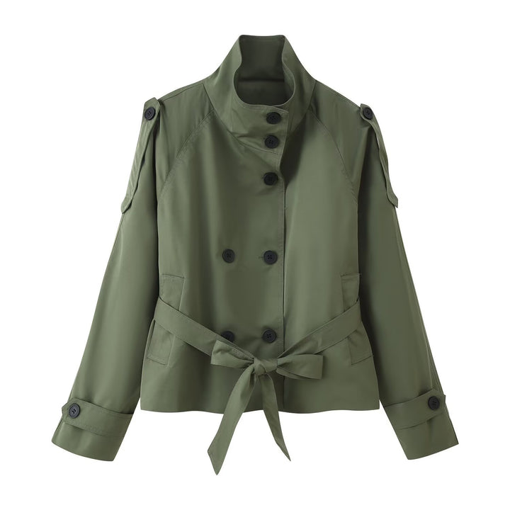 Women's 400+ short fitted trench jacket with stand-up collar, double-breasted button placket and belt Mune Fashion