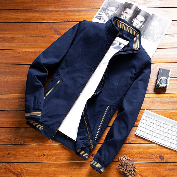 Men's lightweight canvas bomber with striped ribbed cuffs, stand-up collar and zippered pockets Mune Fashion