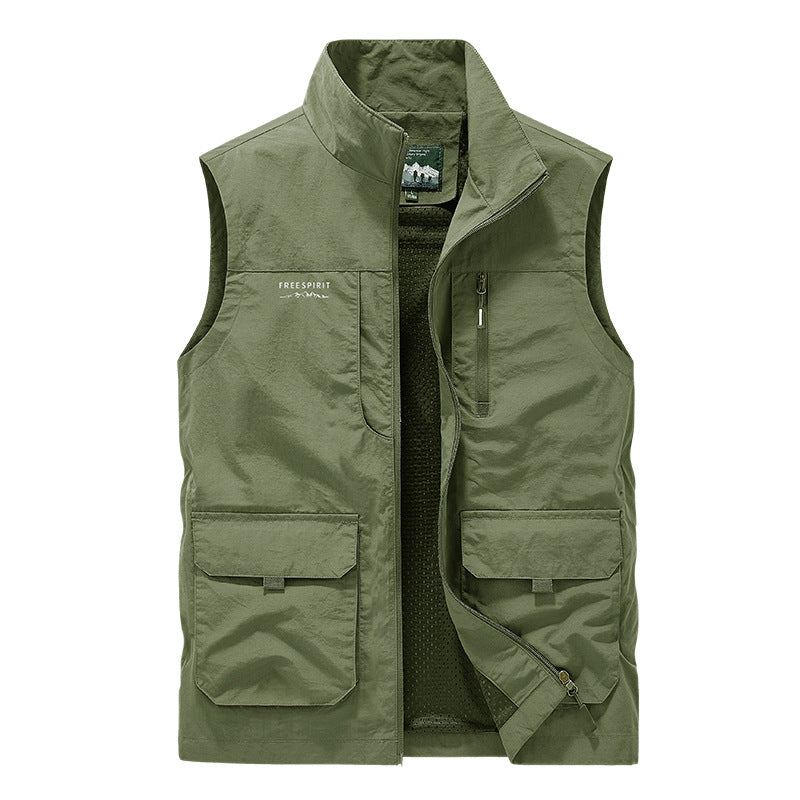 Men's Multifunctional Utility Vest with Stand-up Collar and Multiple Pockets Mune Fashion