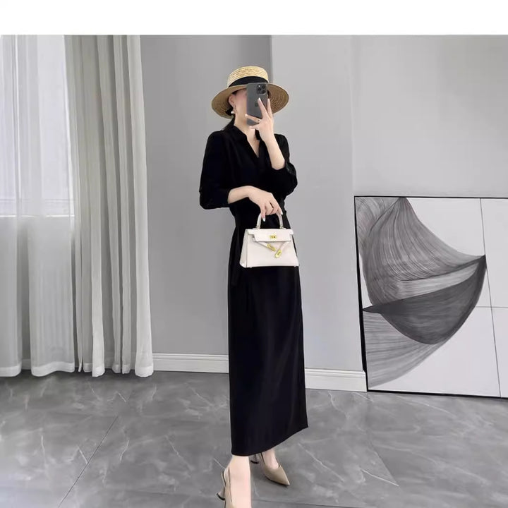 Women's Long Sleeve Wrap Maxi Dress with Waist Belt and V-Neck Mune Fashion
