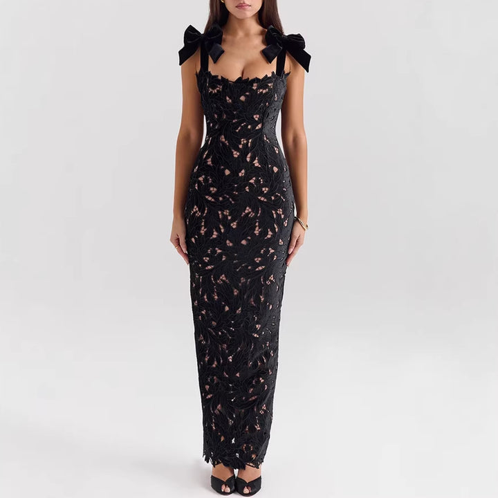 Women's form-fitting floor-length lace evening dress in column shape with decorative bow straps Mune Fashion