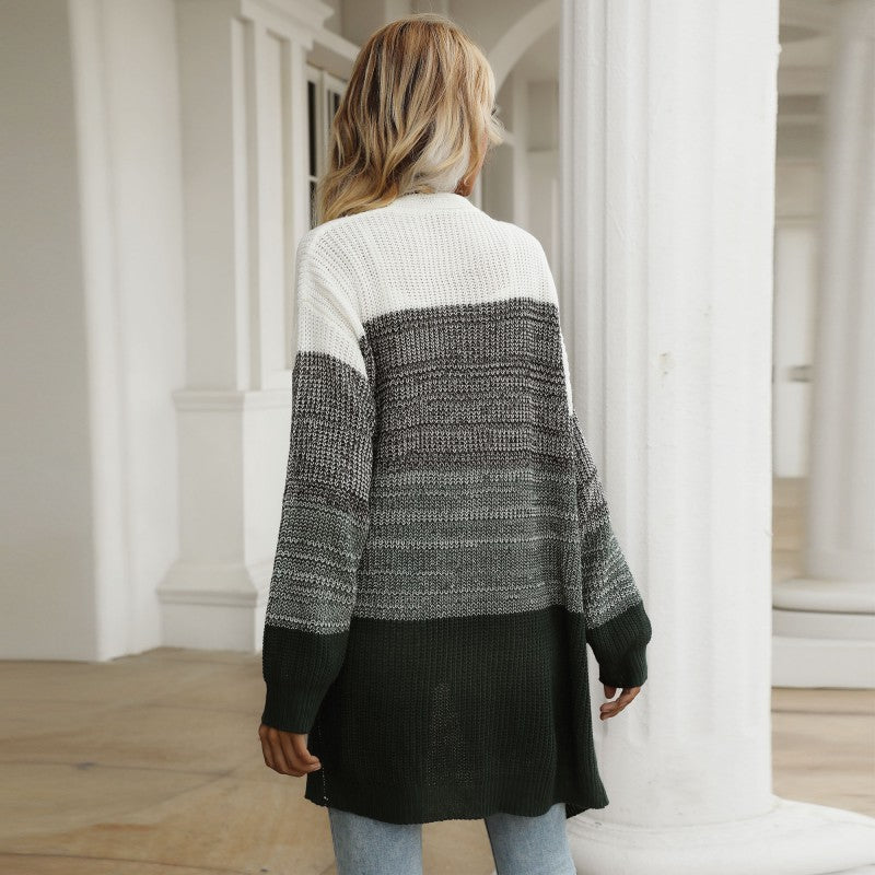 Women Longline Cardigan chunky knit with Colorblock and open front Mune Fashion