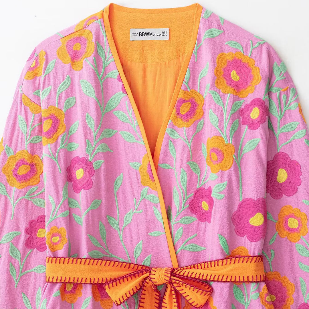 Women's Embroidered Kimono Jacket with Waist Tie Belt and Floral Embroidery Mune Fashion