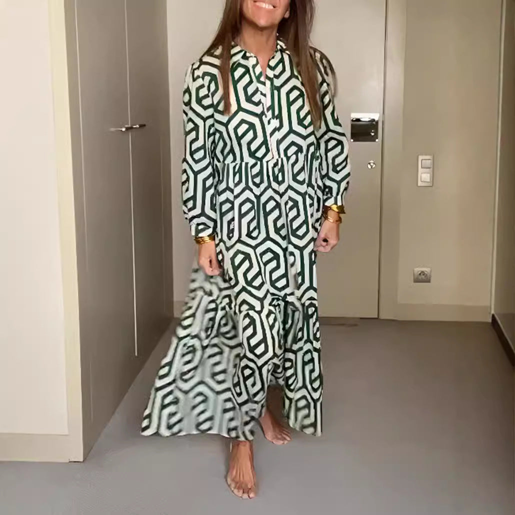 Women's long shirt collar tiered dress with geometric allover print and gathered waist yoke Mune Fashion