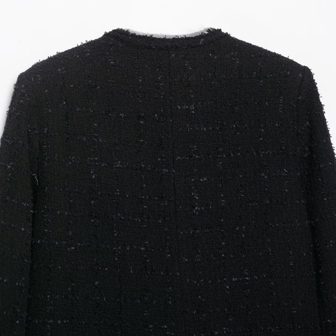 Women's Short Bouclé Tweed Jacket without Collar with Gold Decorative Buttons Mune Fashion