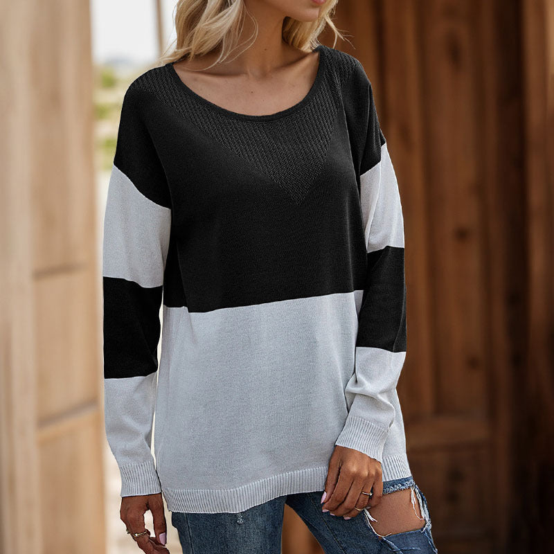 Women's Oversize Knitted Sweater with Round Neck, Eyelet Triangle and Block Stripes Mune Fashion