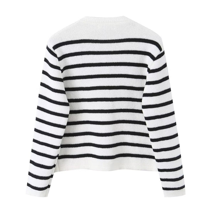 Women's Striped Fine Knit Cardigan with Round Neckline, Patch Pockets and Decorative Buttons Mune Fashion