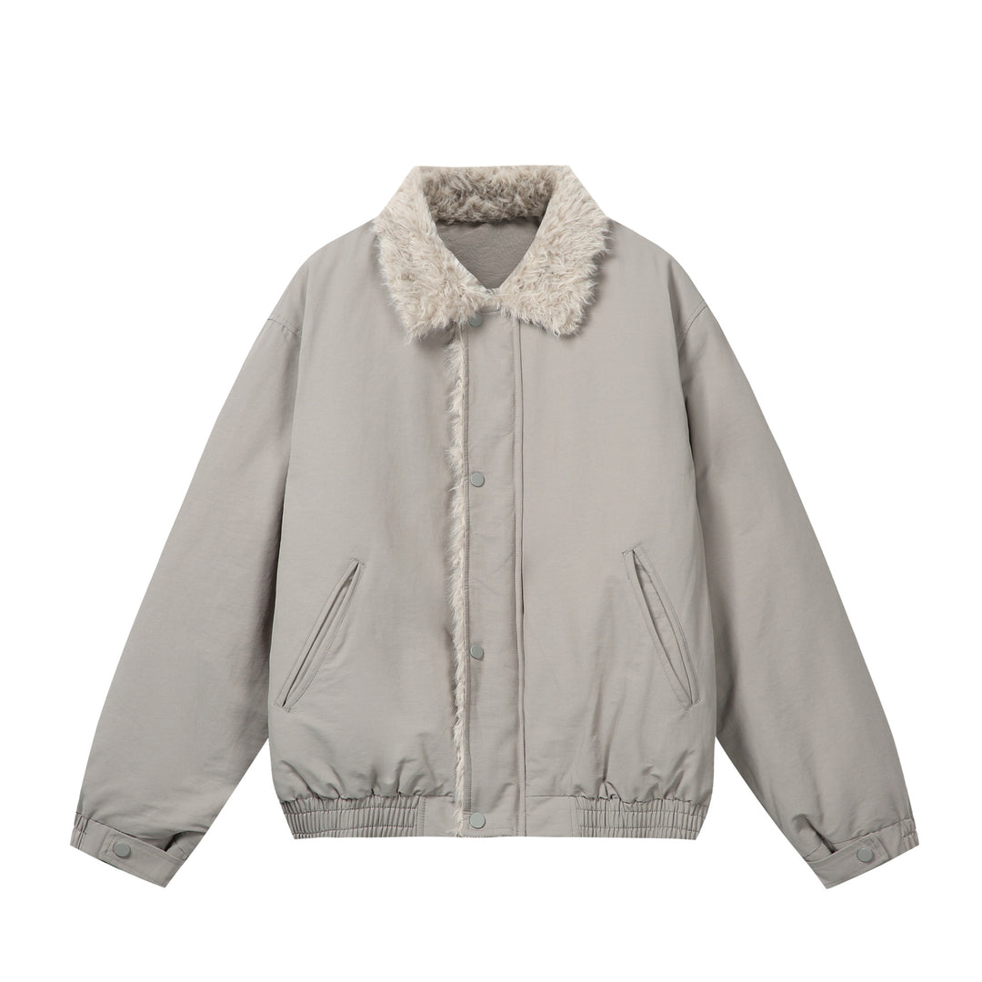 Women's Minimalist Thermo Blouson Jacket with Faux Fur Shawl Collar and Elastic Tunnel Drawstring Hem Mune Fashion