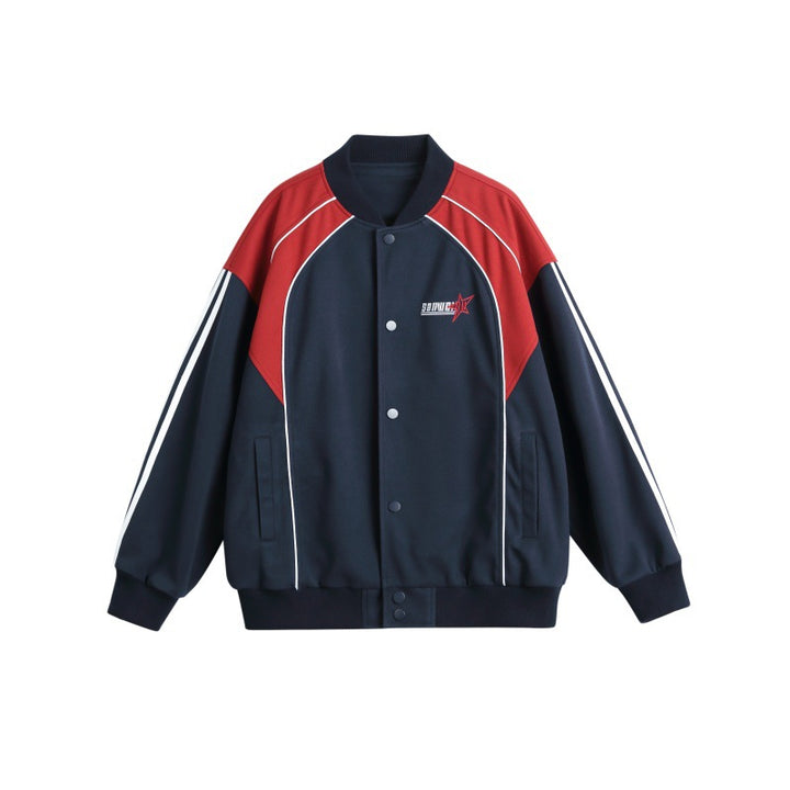 Men's Sporty College Bomber Jacket with Stand-Up Collar, Raglan Sleeves and Contrasting Piping Mune Fashion