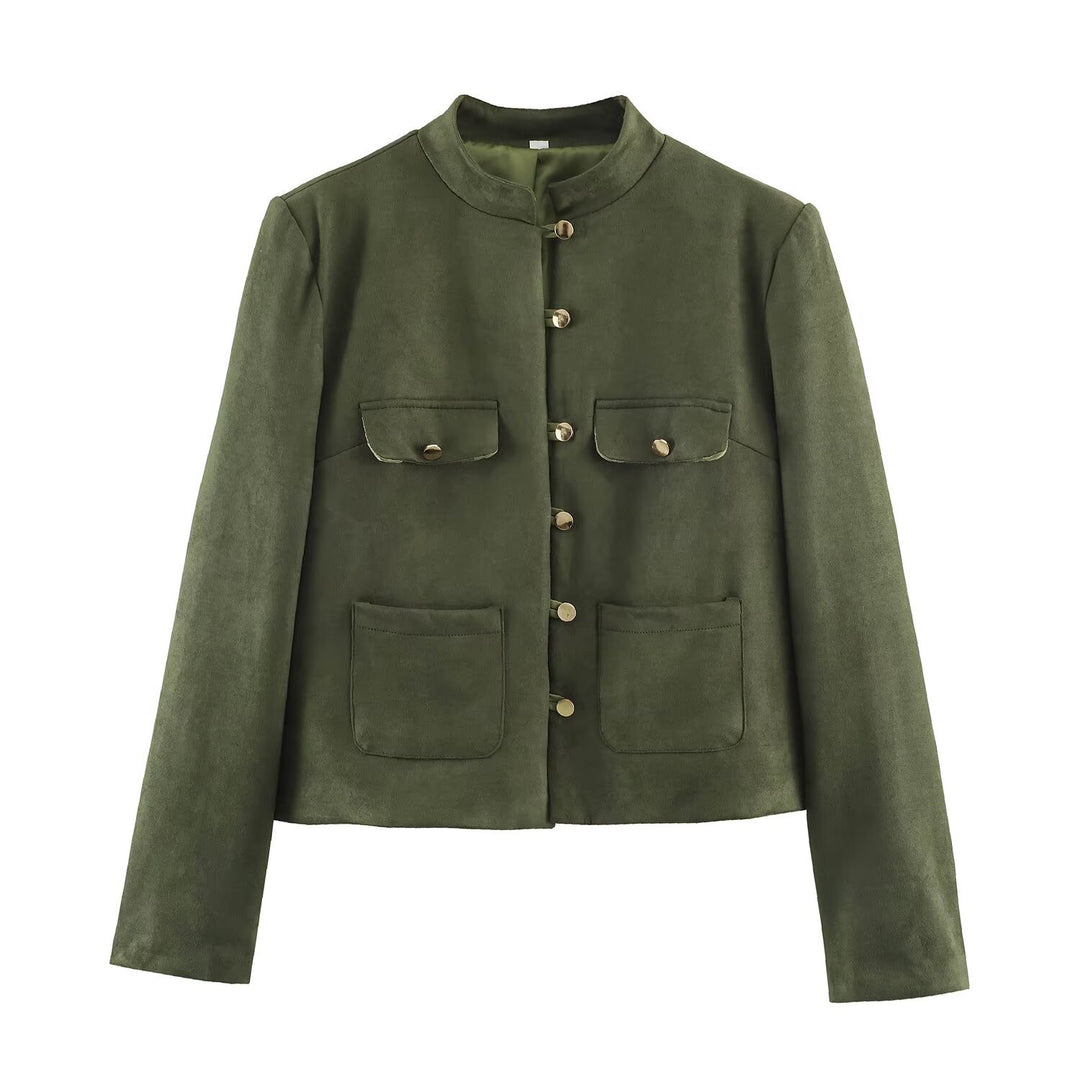 Women's short jacket in Mandarin style made of suede look with patch pockets and decorative buttons Mune Fashion