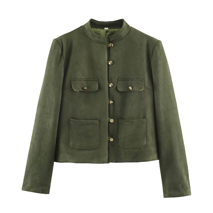 Women's short jacket in Mandarin style made of suede look with patch pockets and decorative buttons Mune Fashion