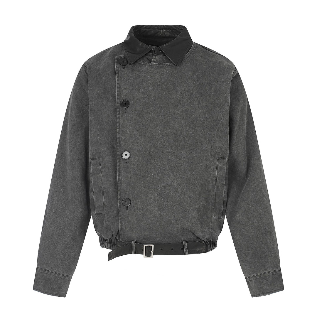 Men's short-cut boxy blouson with asymmetrical button placket, waist belt, and contrast collar Mune Fashion