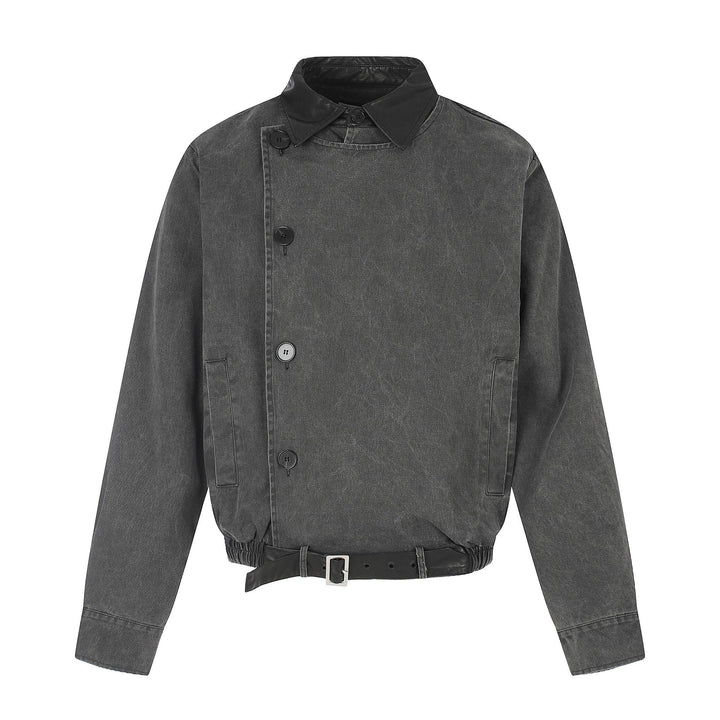 Men's short-cut boxy blouson with asymmetrical button placket, waist belt, and contrast collar Mune Fashion