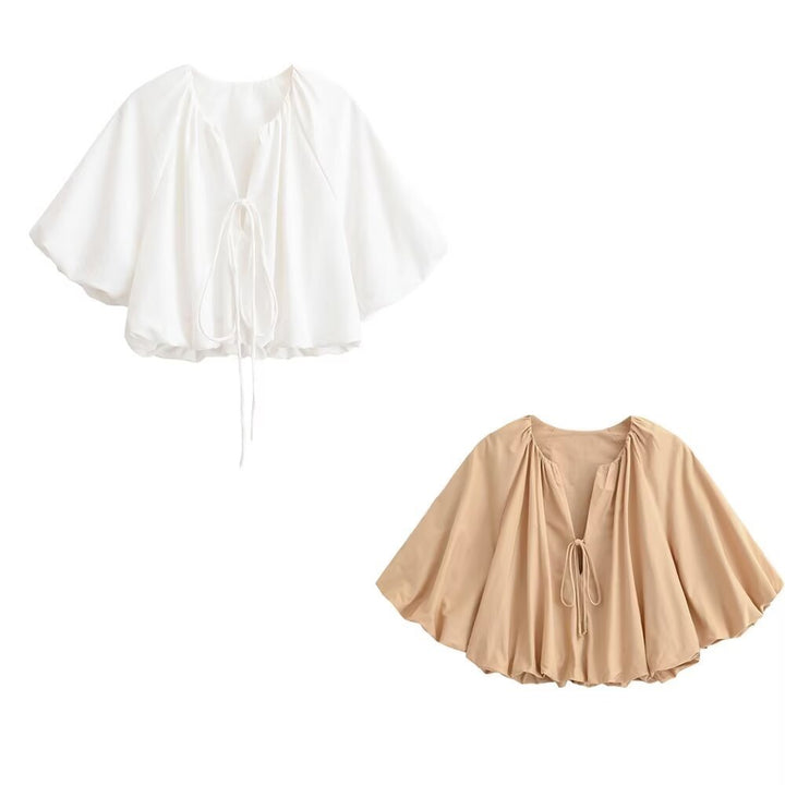 Women Oversized Cape Blouse with Drawstring, Gathered Hem and Voluminous Batwing Sleeves Mune Fashion