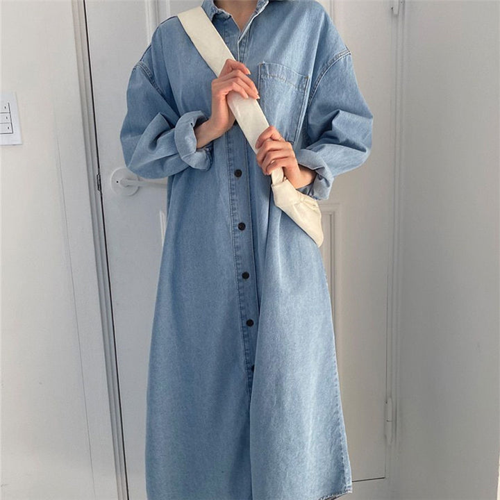 Women Oversized Denim Maxi Dress in Shirt Style with Chest Pocket and Full Button Placket Mune Fashion