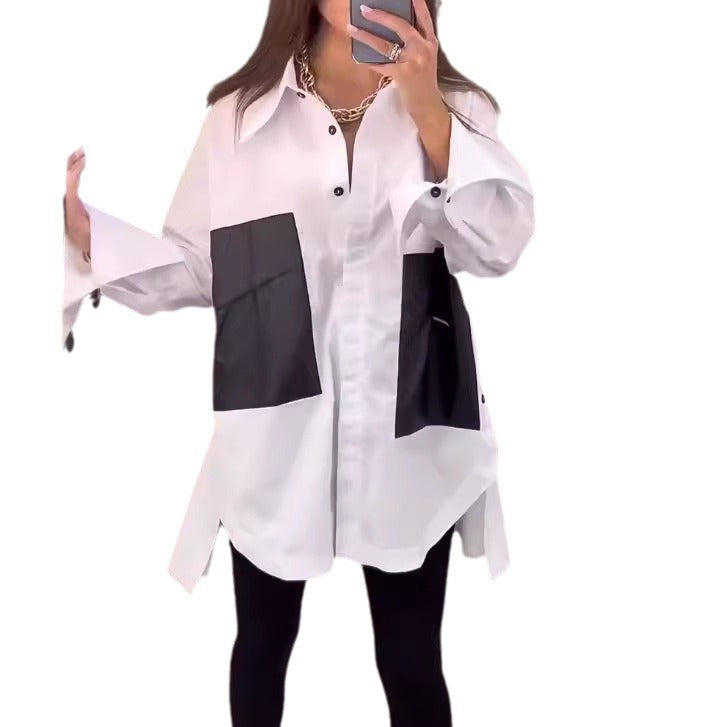 Women nan oversized shirt with contrast pockets, extra wide cuffs and side slits Mune Fashion
