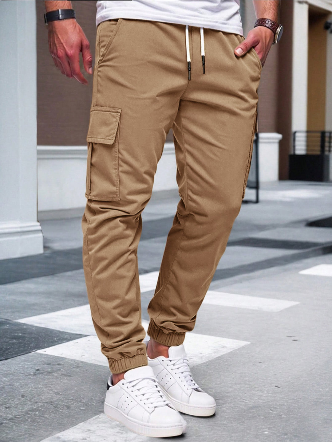 Men's Nan Tapered Leisure Cargo Pants with Flap Pockets, Drawstring Waist and Elastic Leg Openings Mune Fashion