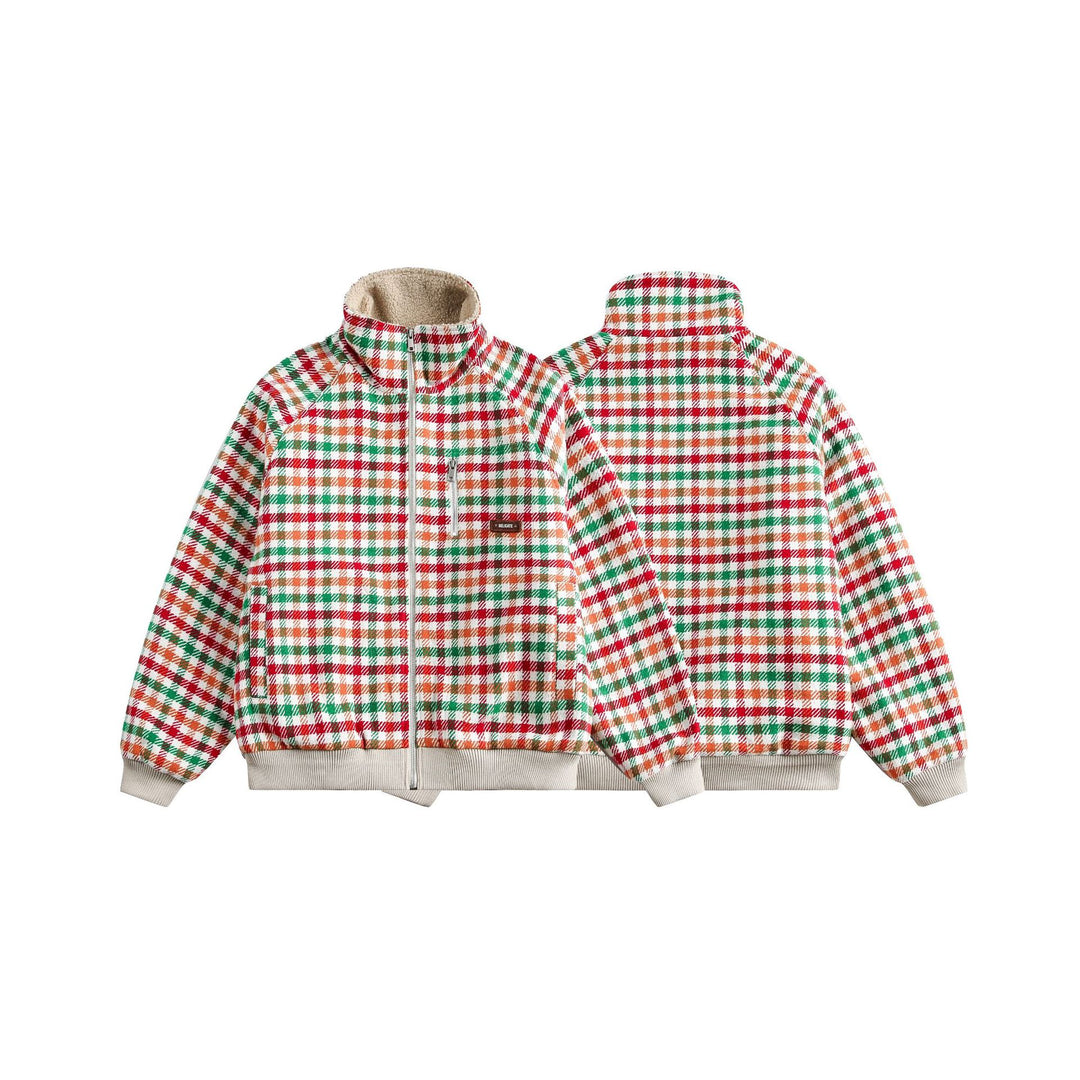 Women's Checkered Teddy Fleece Blouson in Boxy Cut with Stand Collar Mune Fashion