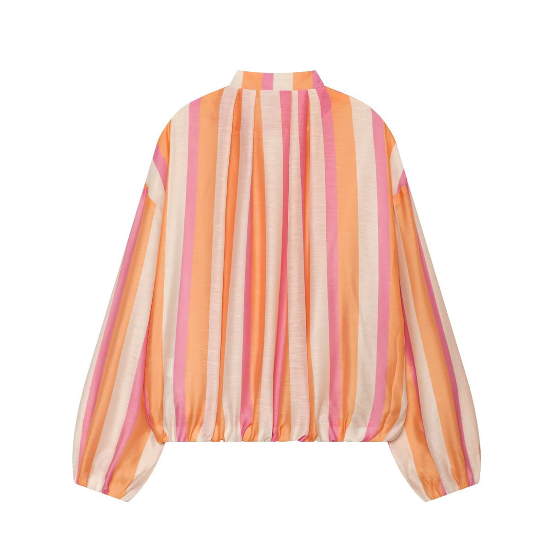 Women's Lightweight Striped Satin Bomber Jacket with Stand Collar and Balloon Sleeves Mune Fashion