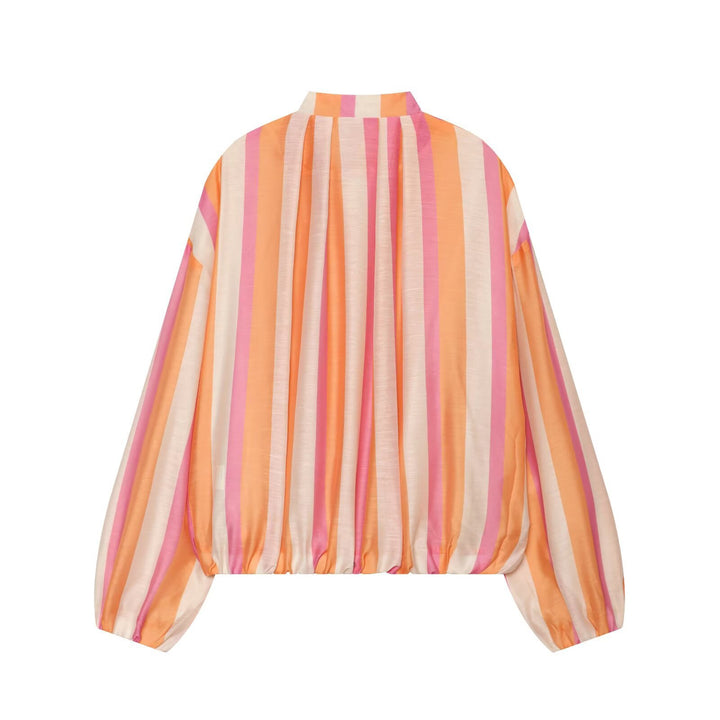 Women's Lightweight Striped Satin Bomber Jacket with Stand Collar and Balloon Sleeves Mune Fashion