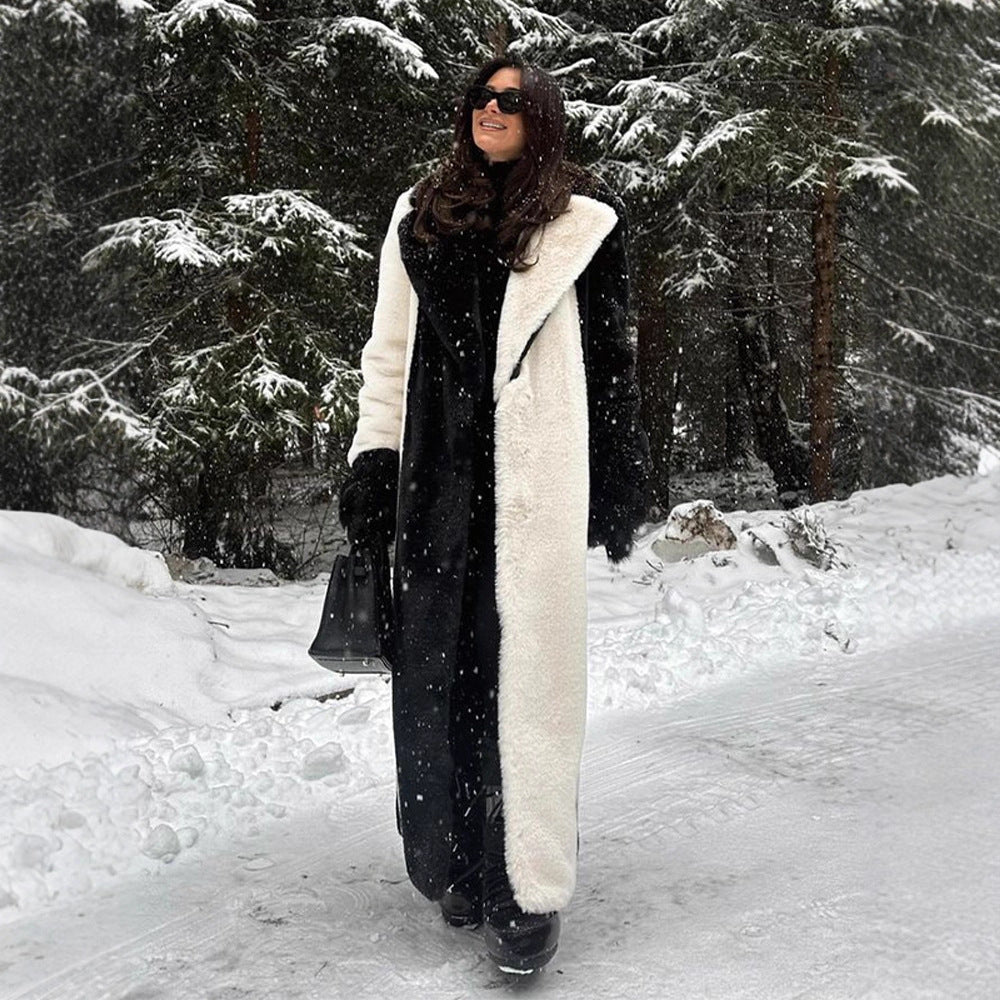 Women's Long Teddy Fur Coat with Contrast Hood Mune Fashion