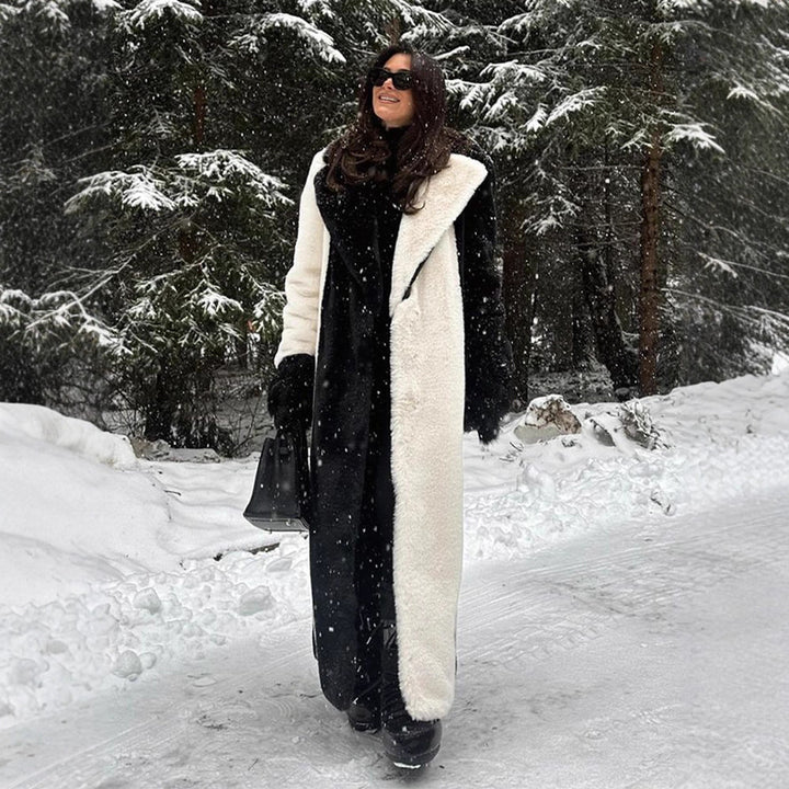 Women's Long Teddy Fur Coat with Contrast Hood Mune Fashion