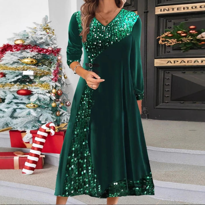 Women's festive sequin panel maxi dress with V-neck long sleeves and decorative waist belts Mune Fashion