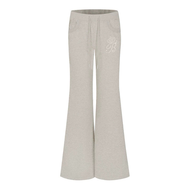 Women Flared Lounge Pants with High Comfort Waistband, Drawstring and Rhinestone Logo Mune Fashion