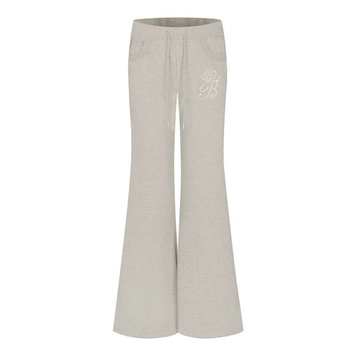 Women Flared Lounge Pants with High Comfort Waistband, Drawstring and Rhinestone Logo Mune Fashion