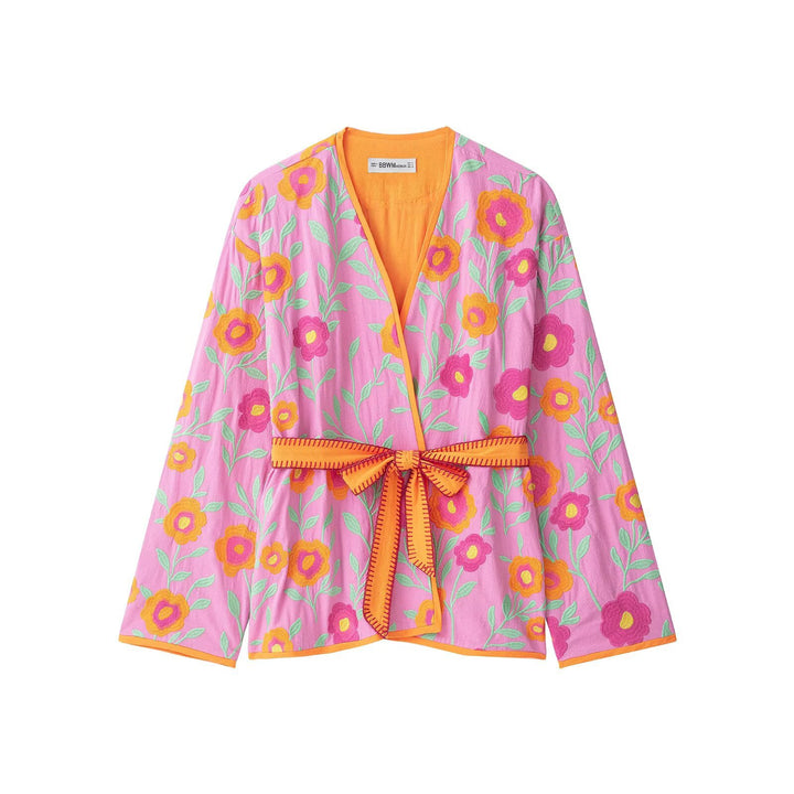 Women's Embroidered Short Kimono made of Cotton Blend with Tied Belt and V-Neck Drune