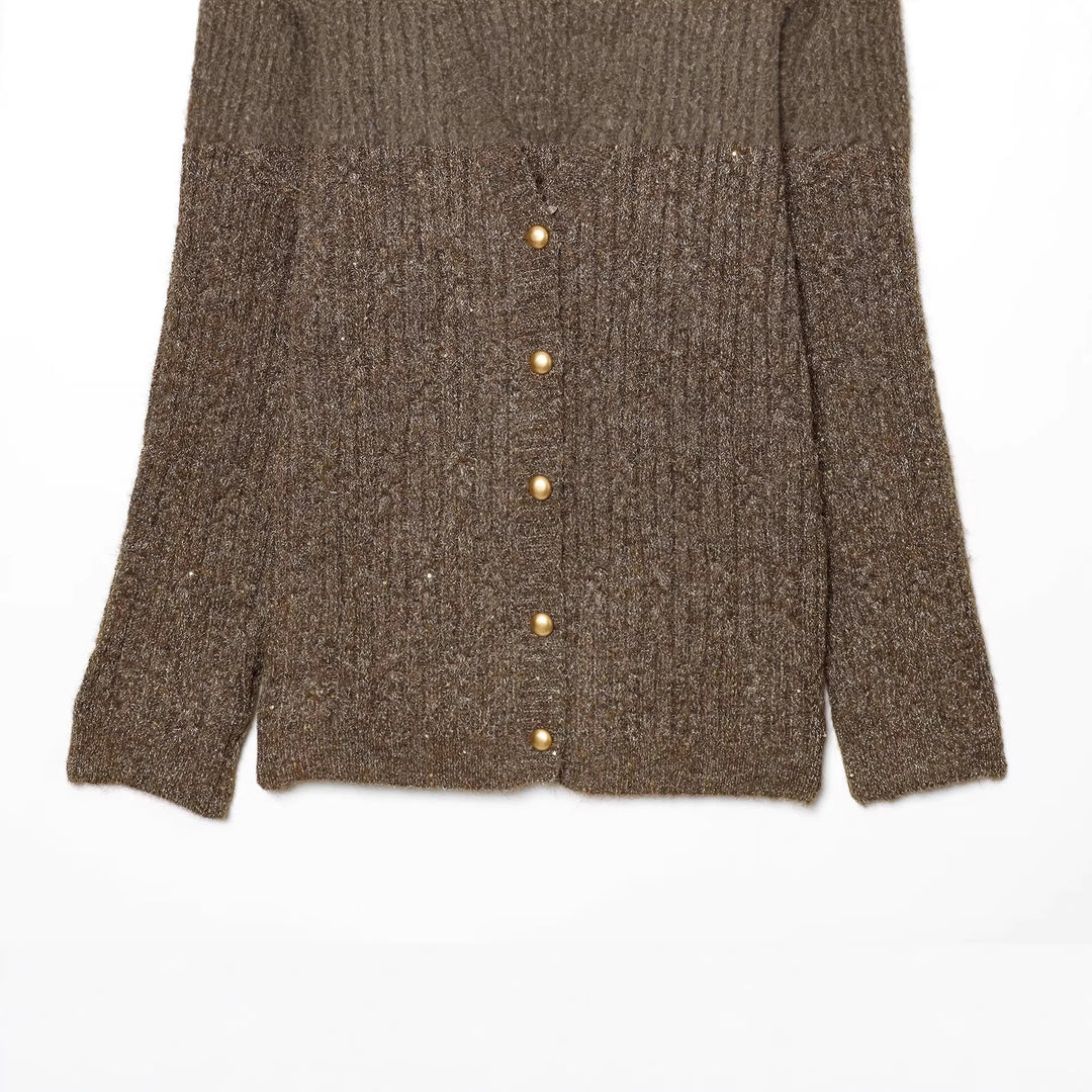 Women's Chunky Knit V-Neck Cardigan with Pearl Buttons and Melange Tweed Look Mune Fashion