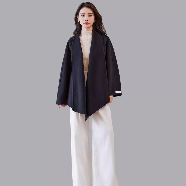 Women's oversized coat made from wool blend with open shawl collar and asymmetrical hem Mune Fashion