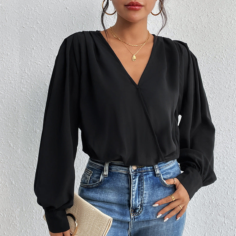 Women's Lightweight Wrap Blouse with V-Neck, Gathered Shoulders & Balloon Sleeves Mune Fashion