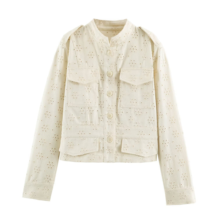 Ladies short jacket made of broderie anglaise with stand-up collar and patch pockets Mune Fashion