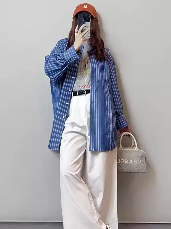 Women's longline shirt with pinstripes, oversized silhouette and extended hem Mune Fashion