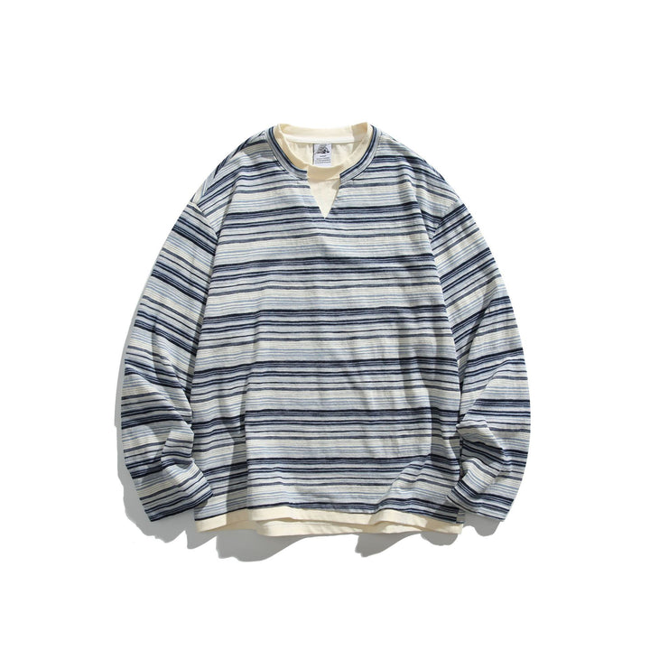 Unisex Striped Long Sleeve Shirt with V-Notch and Layer Effect Mune Fashion