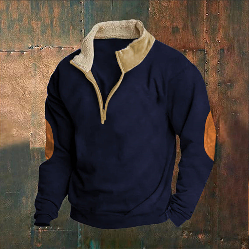 Men Cord-Optic Half-Zip Sweater with Teddy Collar and Elbow Patches Mune Fashion