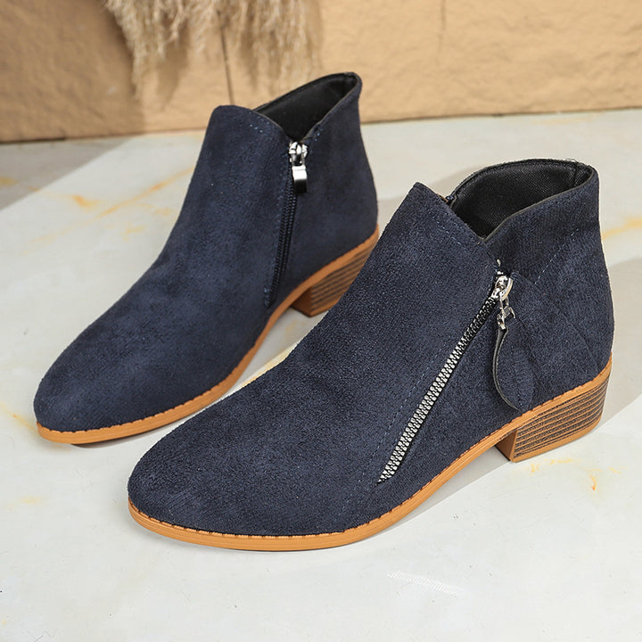 Women's Modern Ankle Boot with Visible Metal Zipper and Low Wood-Look Block Heel Mune Fashion