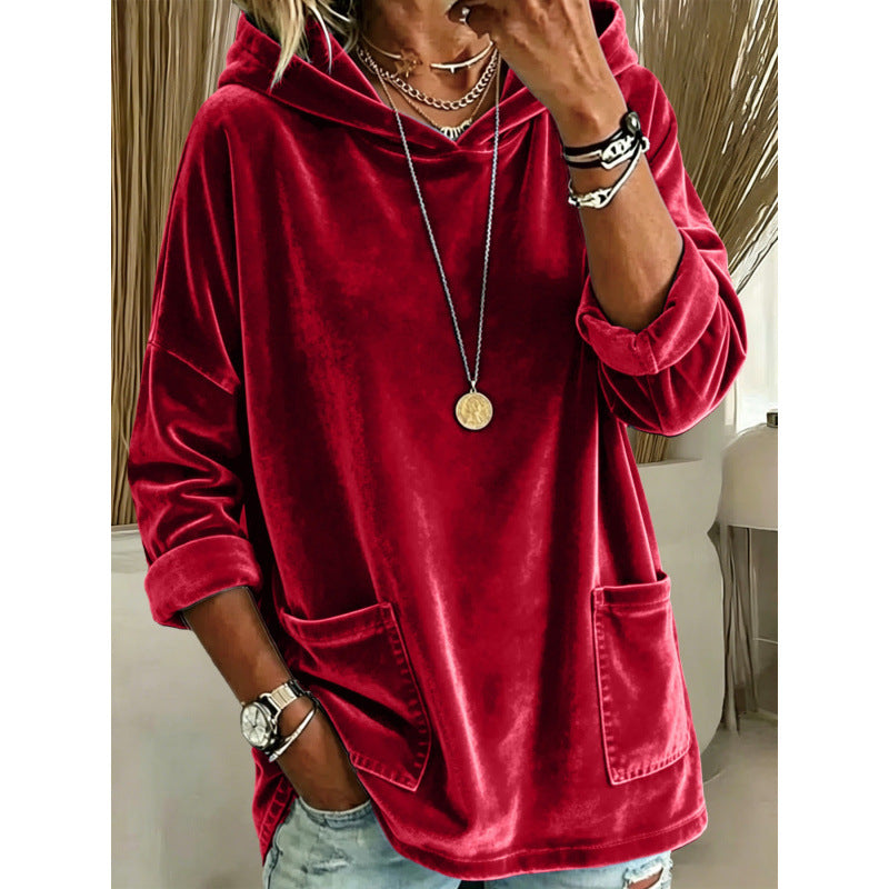 Women Velvet Hoodie with Hood, Oversized Cut and Applied Pockets Mune Fashion