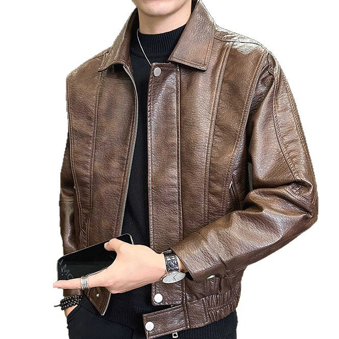 Men's Short Oversized Leather Imitation Blouson with Stand Collar, Zipper and Elastic Hem Mune Fashion
