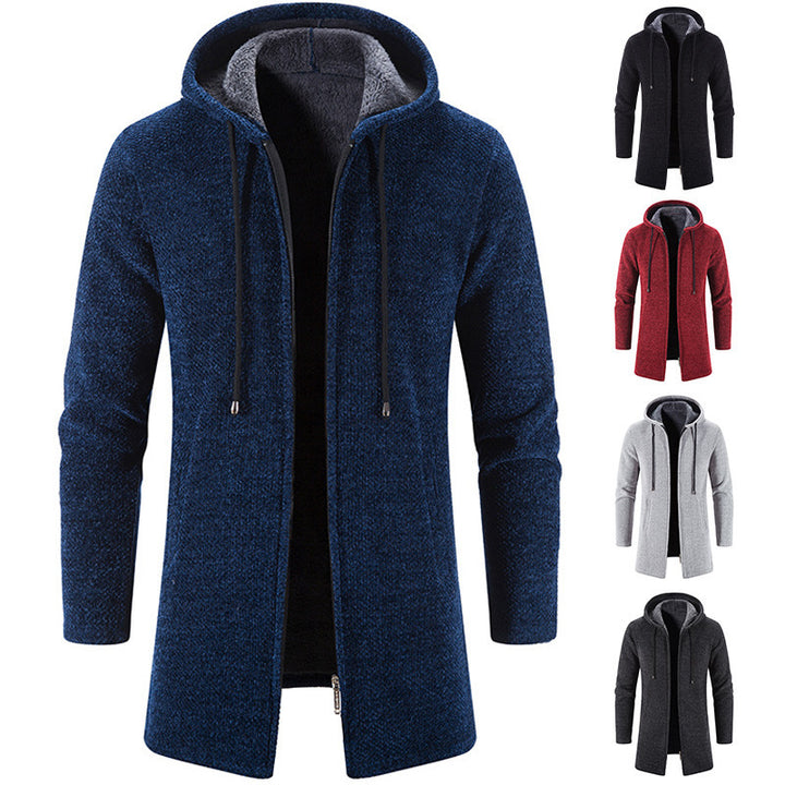 Men's longer hooded knit coat with teddy lining, full zipper and side pockets Mune Fashion