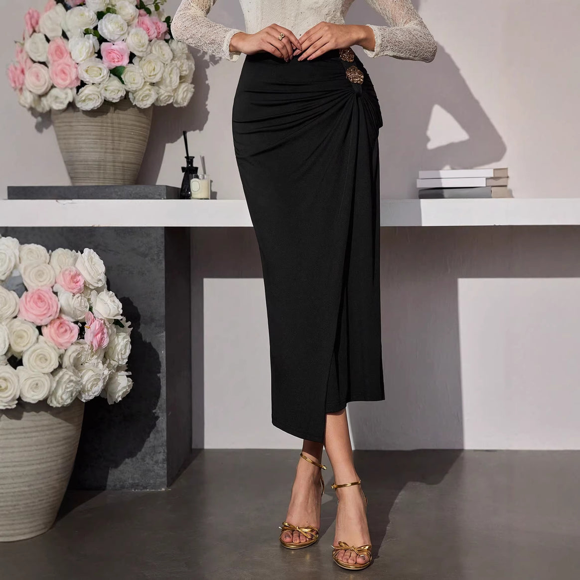 Ladies Nano Tailored Midi Skirt with Side Gather, Draping and Decorative Metal Flowers Mune Fashion
