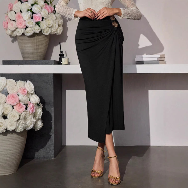 Ladies Nano Tailored Midi Skirt with Side Gather, Draping and Decorative Metal Flowers Mune Fashion
