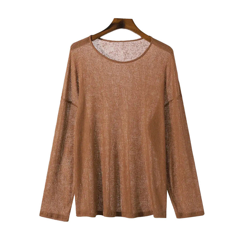 Ladies fall loose long sleeve fine knit shirt with fine ribbed pattern and round neck Mune Fashion