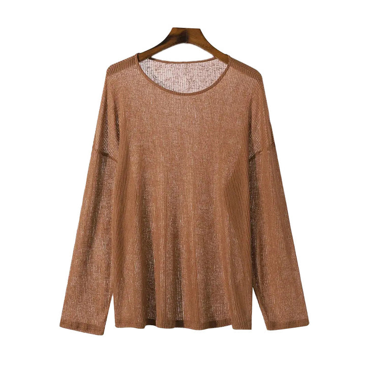Ladies fall loose long sleeve fine knit shirt with fine ribbed pattern and round neck Mune Fashion