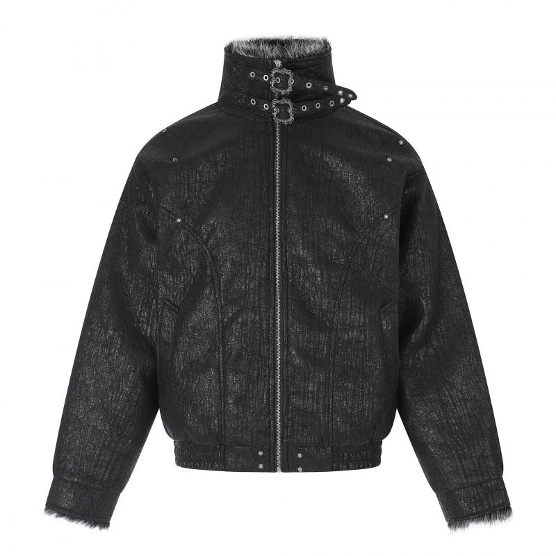 Men's Short Biker-Inspired Faux Leather Bomber Jacket with Studs, Double Buckle Collar and Teddy Lining Mune Fashion