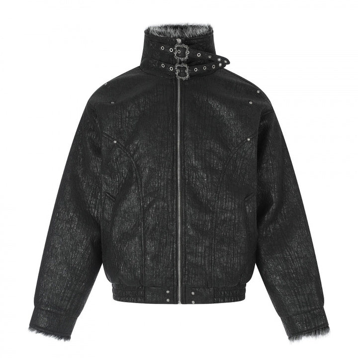 Men's Short Biker-Inspired Faux Leather Bomber Jacket with Studs, Double Buckle Collar and Teddy Lining Mune Fashion