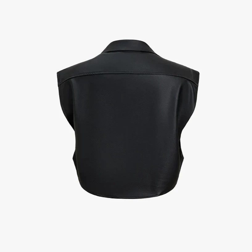 Women Short Sleeveless Faux Leather Vest with Oversized Shoulders Mune Fashion
